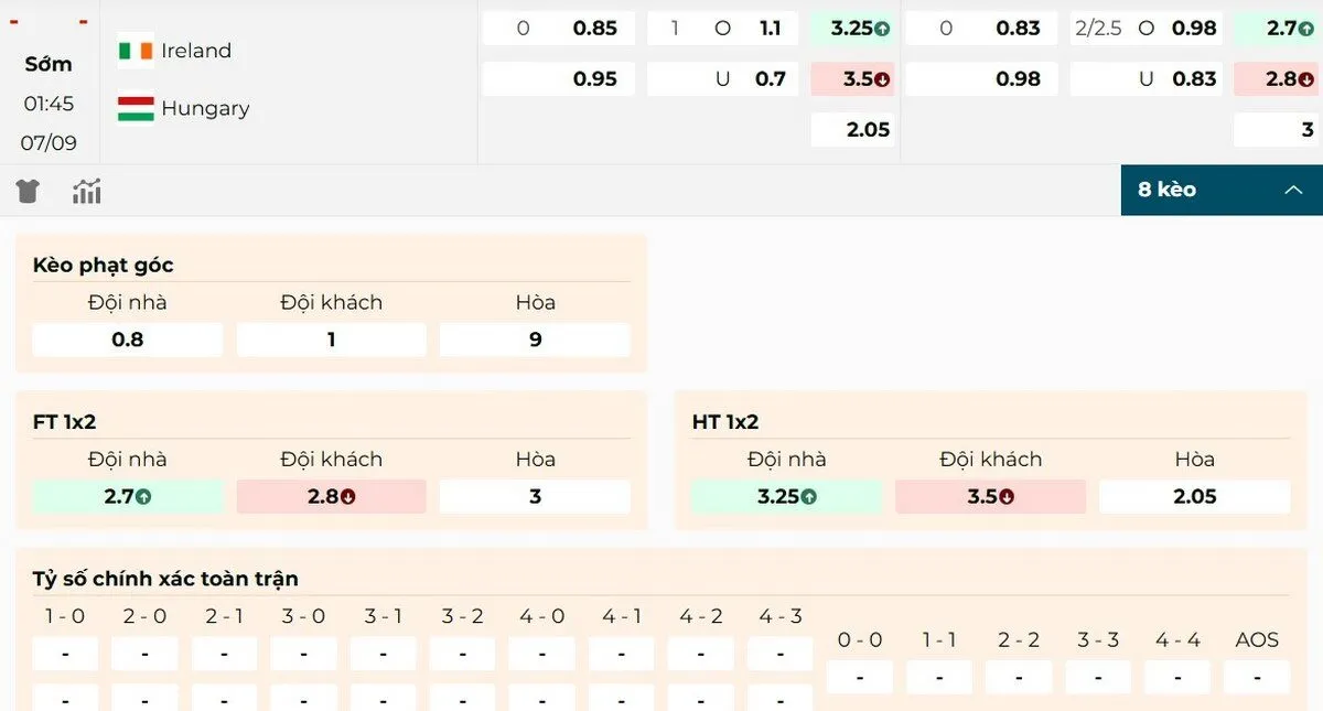 Thông tin bảng kèo mới nhất trận Ireland vs Hungary